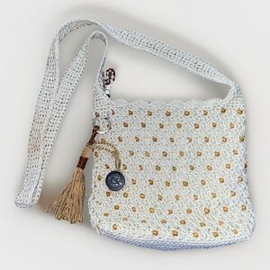 The Sak White With Brown Beads Crochet Crossbody Purse Bag